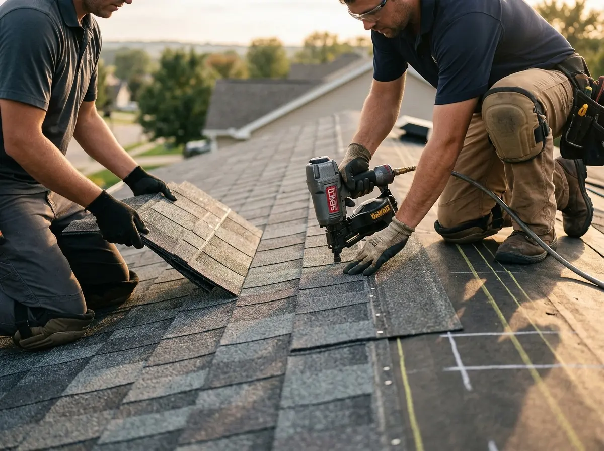 Professional roofer working on a residential roof in Swanton